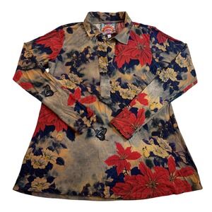 Johnny Was Claret Long Sleeve Swing Polo Tee Women's Size S Boho Floral